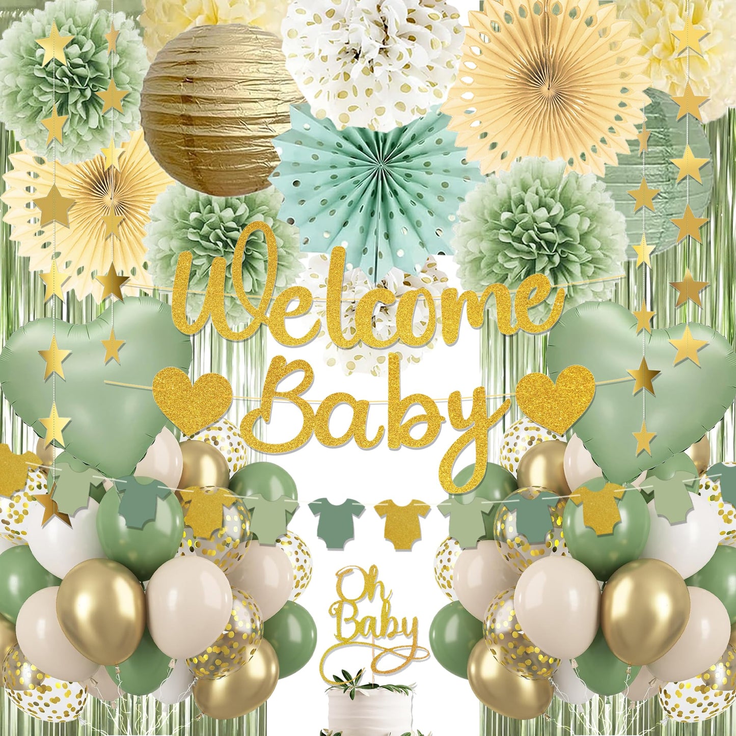 Sage Green Baby Shower Decorations - Gender Neutral Baby Shower Decor Set with Welcome Baby Banner, Tissue Pom Poms, Paper Lanterns, Flower Fans, Balloons, "Oh Baby" Cake Topper & Star Garland