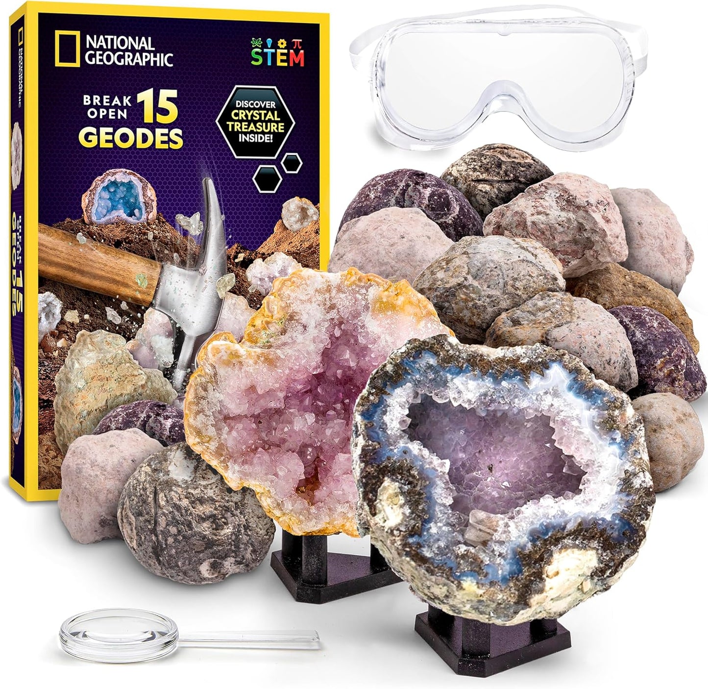 National Geographic Geode Science Kit - Break Open 15 Premium Geodes with Goggles & Stands | Perfect STEM Gift for Kids