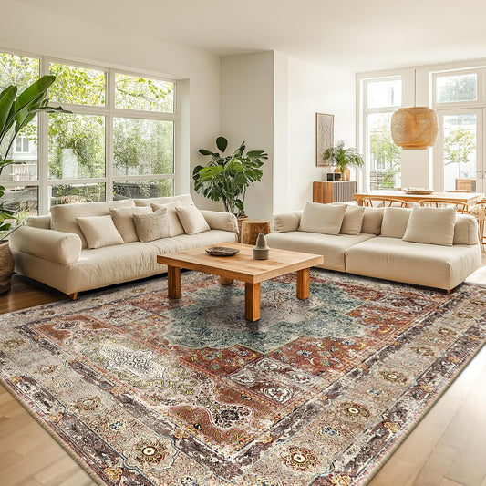8x10 Area Rug Low Pile Carpet Non Slip Doormat Machine Washable Area Rugs for Living Room Bedroom Kitchen Hallway Dining Room Entrance Indoor-Brick