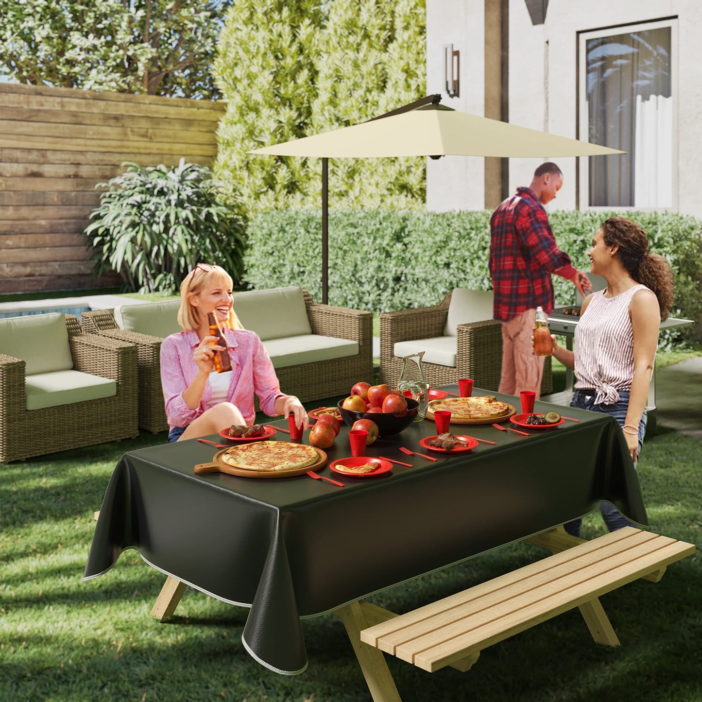 Exquisite Black Vinyl Tablecloths - 70 in. Round - Pack of 3 Round Tablecloth with Flannel Backing - Plastic, Reusable & Waterproof