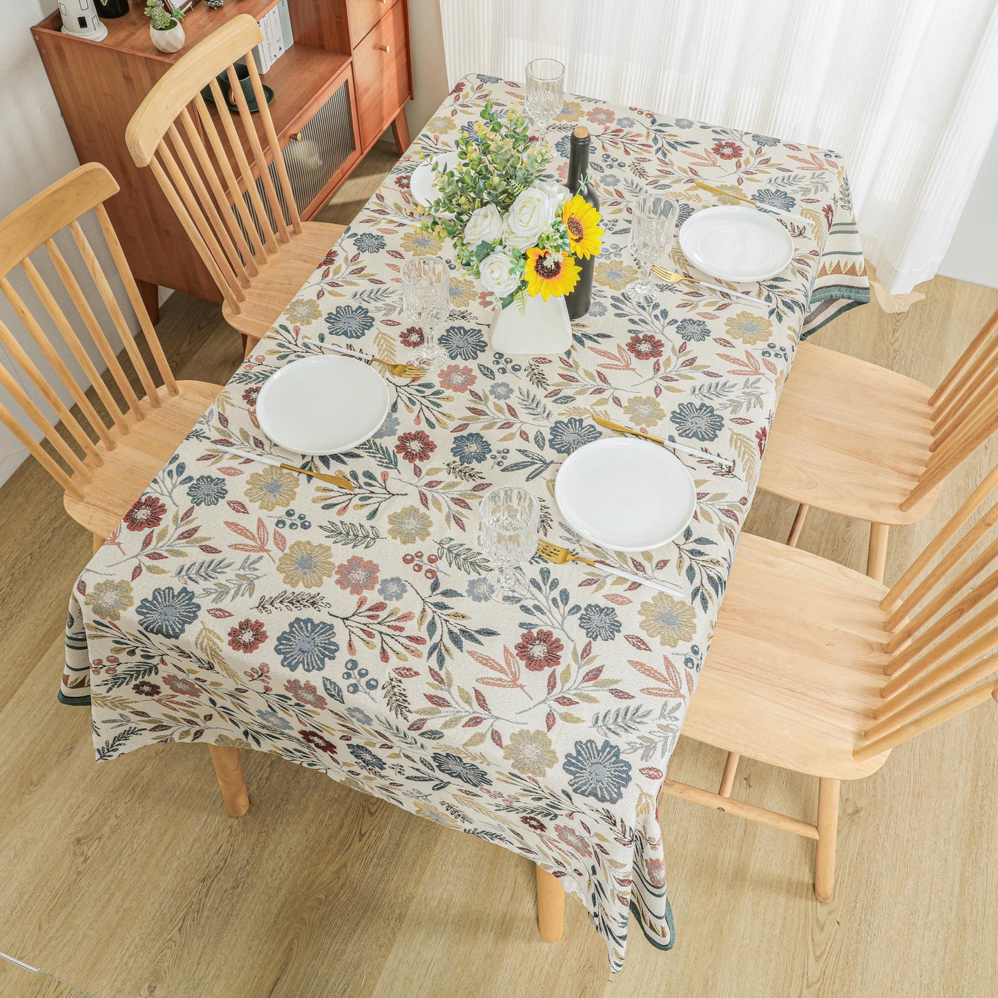 Dimatic Cotton and Linen Rectangular Tablecloth for Kitchen Dining Table, Camping, Holiday Party Decor, Bluebell Pattern, 55 x 118 Inches