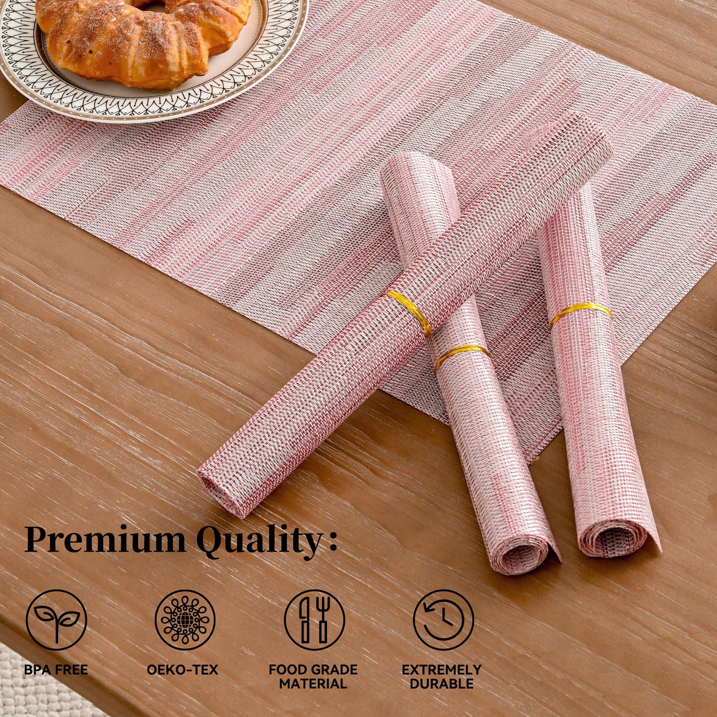 Leetaltree Misty Rose Placemats Set of 6 - Heat Resistant Non-Slip Place mats for Dining Table, Washable Durable PVC Vinyl Woven Table Mats（Misty Rose, 6）