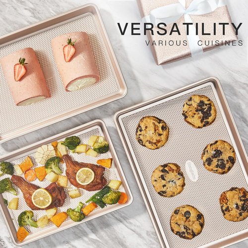 HONGBAKE Nonstick Baking Sheet Pan Set - Heavy Duty Cookie Trays in Champagne Gold | 3 Sizes
