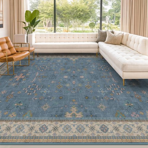 Hazo Haus Boho Area Rug - Soft Dark Blue 9x12 Living Room Decor | Washable Non-Slip Design