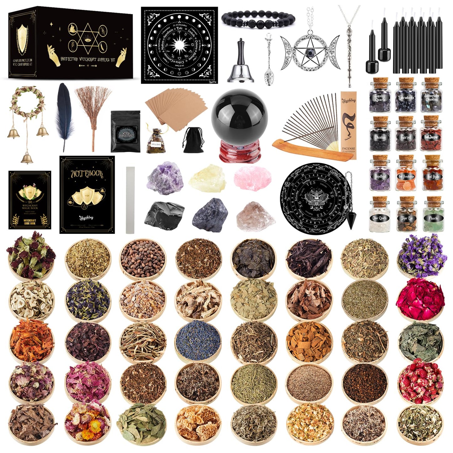 SHYSHINY Wiccan Supplies and Tools for Protection, 130Pack Witchcraft Supplies Witchy Gift for Beginners, Dried Herbs, Crystals, Candles, Witch Starter Spell Kit