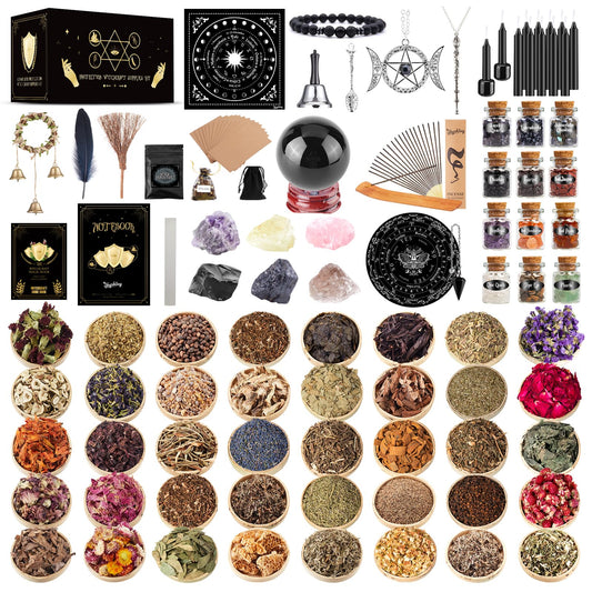SHYSHINY Wiccan Supplies and Tools for Protection, 130Pack Witchcraft Supplies Witchy Gift for Beginners, Dried Herbs, Crystals, Candles, Witch Starter Spell Kit