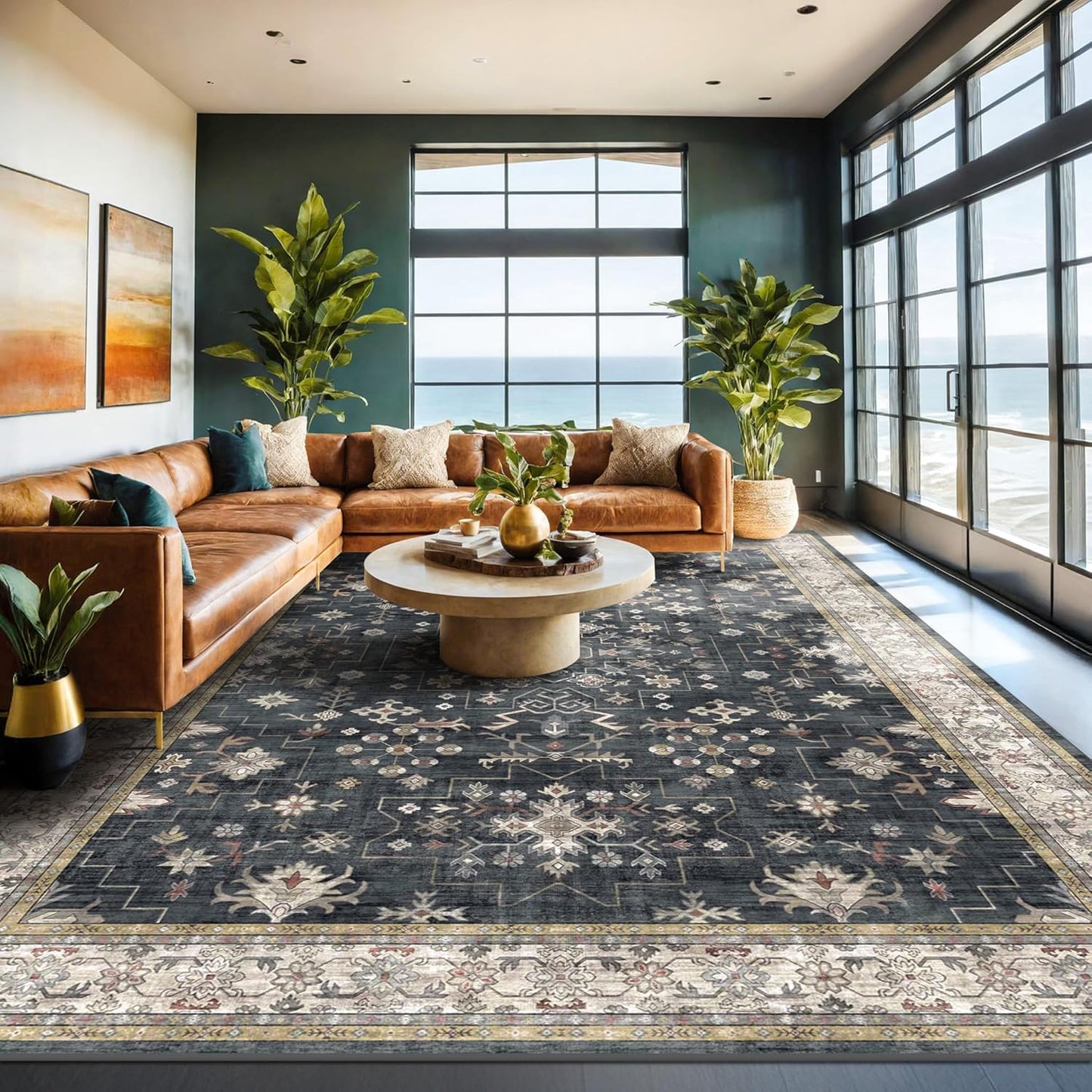 Skiennix Black Boho Rug - Washable 9x12 Vintage Soft Low Pile Carpet for Living Room & Dining Room