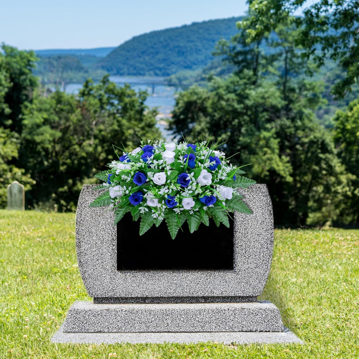 LVXINLI Artificial Cemetery Flowers - Saddle-Shaped Tombstone Decorations | UV-Resistant Blue & White