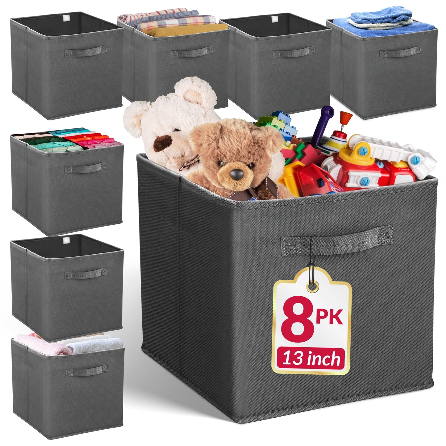 Reli. 13x13x13 Storage Cube Bins (8 Pack) | Large Cube Organizer Bins | 13x13 Fabric Storage Boxes | Fits Kallax | Collapsible, Foldable Fabric Cubby Box (Square) | Kids Room Organization (Dark Gray)