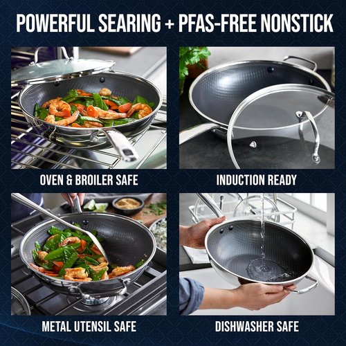 Blue Diamond Hybrid Nonstick 12” Wok - PFAS-Free Ceramic Stir-Fry Pan with Lid, Induction Ready, Silver