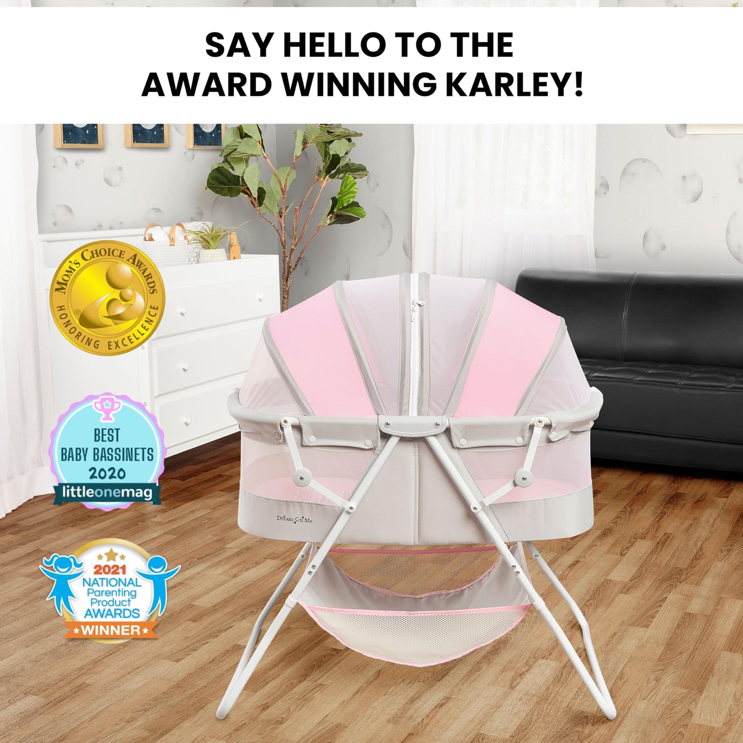 Dream On Me Karley Bassinet in Grey and Pink
