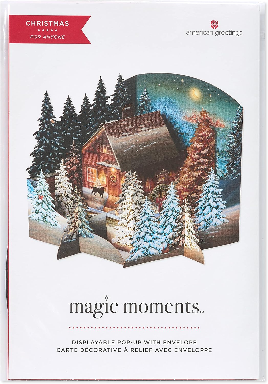 American Greetings 3D Holiday Card - Rustic Cottage Scene in Winter Pine Forest | Designed by Jacquie Lawson