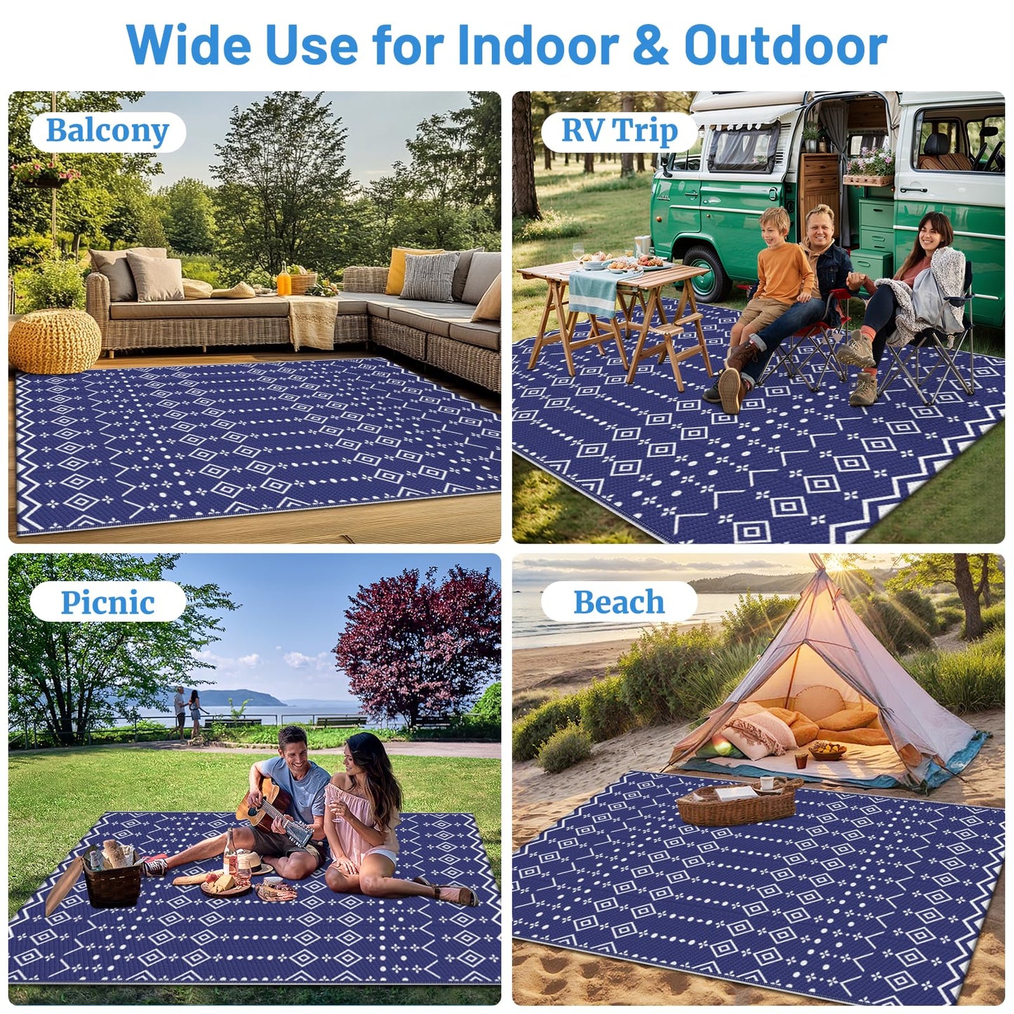 StepRite 8’ x 10’ Reversible Outdoor Rug, Waterproof Plastic Straw Rug, Patio Rug, Large Modern Area Rug Carpet, Indoor Outdoor Rugs for Camping, Porch, Deck, Balcony, Backyard, RV, Picnic(Blue)