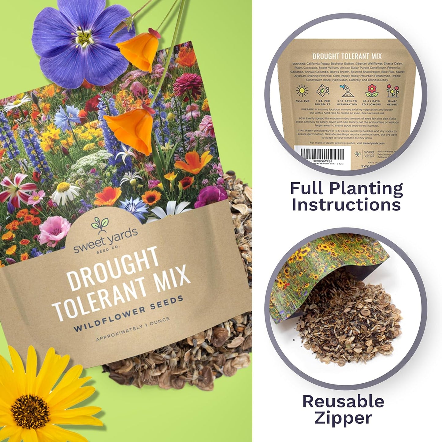 Wildflower Seed Mix by Drought Tolerant - Extra Large Packet with 7,500 Non-GMO Seeds - 21 Dryland Species