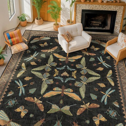 Hazo Haus Black Washable Insect Area Rug - Ultra Soft Low Pile | 8x10 for Living Room, Bedroom & Dining Room