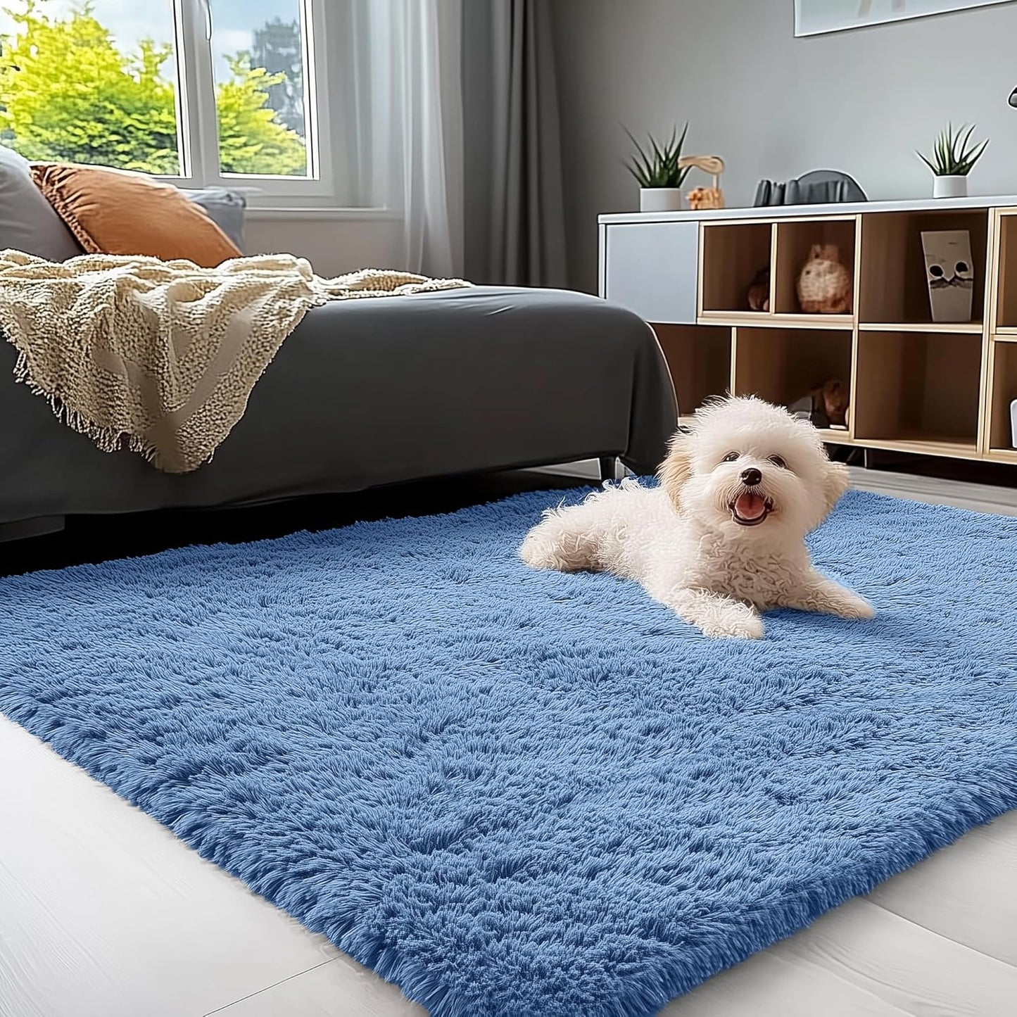 OLANLY Soft Fluffy Shaggy 3x5 Bedside Rug - Machine Washable Indoor Carpet for Kids & Nursery | Blue