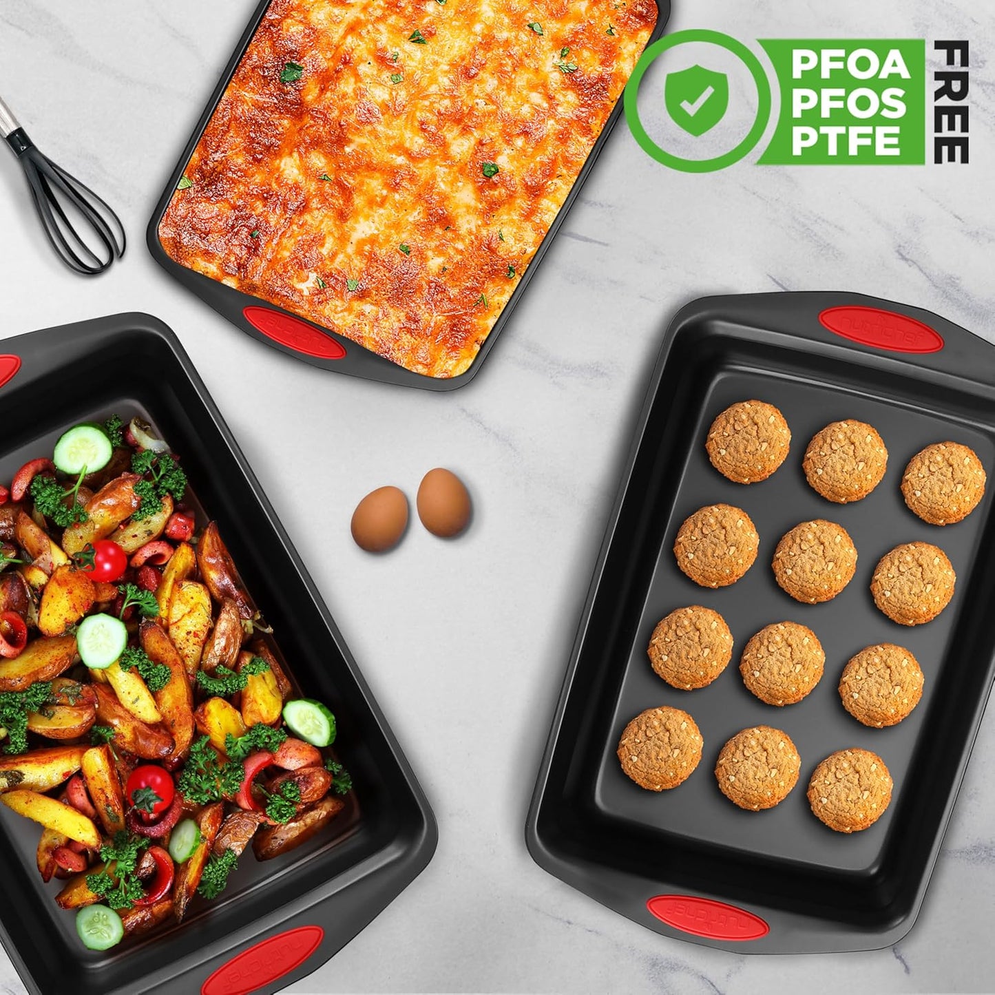 NutriChef 3-Piece Baking Pan Set | Premium Nonstick Carbon Steel Bakeware with Silicone Handles - Black