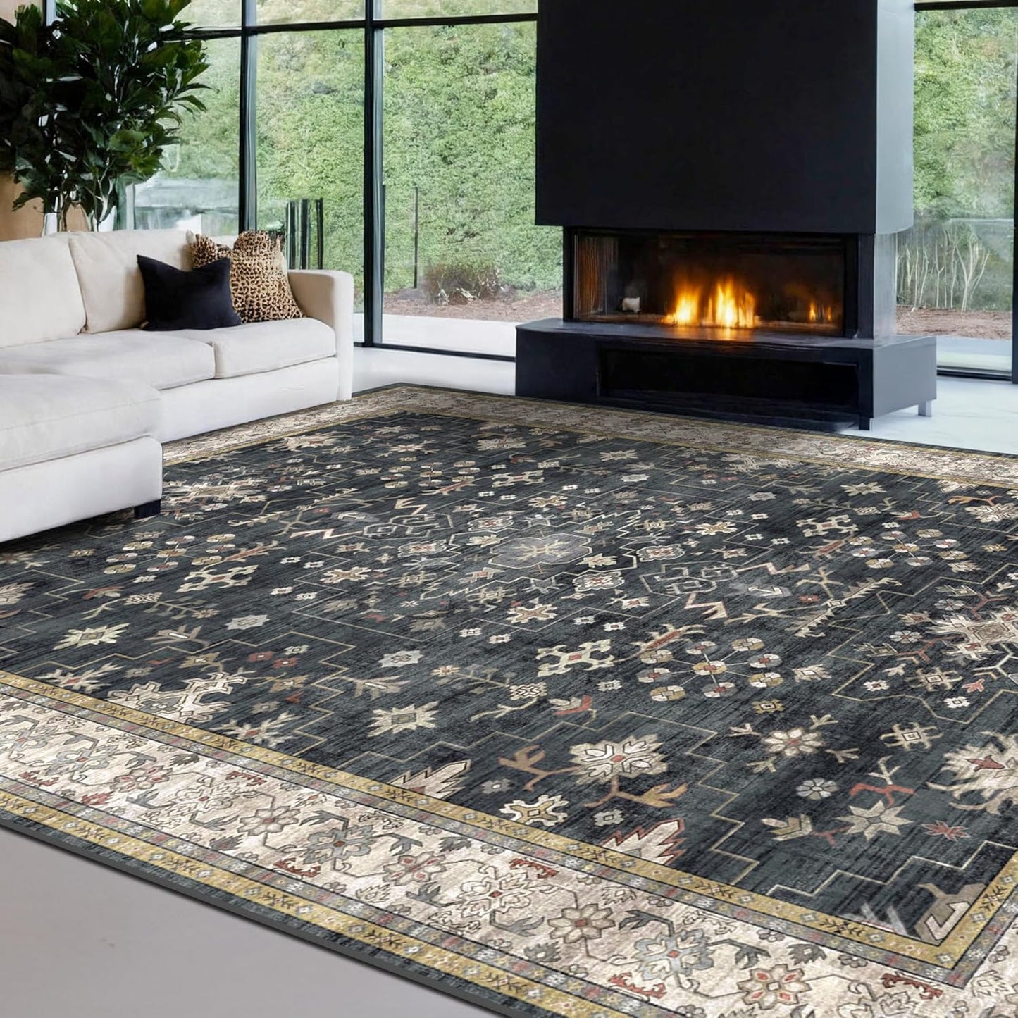 Skiennix Black Boho Rug - Washable 9x12 Vintage Soft Low Pile Carpet for Living Room & Dining Room