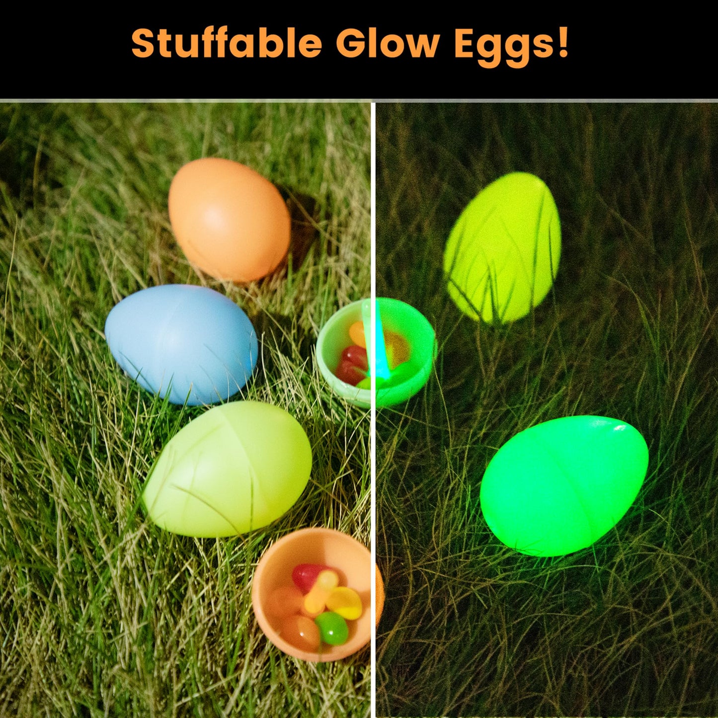 POPGIFTU Glow in the Dark Easter Eggs Bulk – 120 Prefilled Plastic Eggs with 240 Mini Glow Sticks for Night Egg Hunt, Easter Basket Stuffers, Party Favors & Classroom Prizes