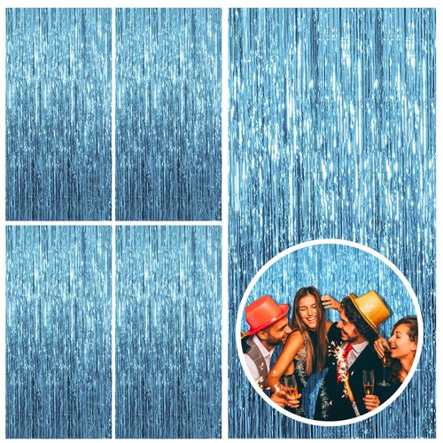 5 Pack Blue Backdrop Curtain Tinsel Streamers Ocean Themed Decor Birthday Party Decorations Foil Fringe Backdrop Graduation Baby Shower Bachelorette Winter Party Decorations Supplies
