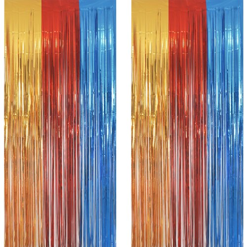 Gold Red Blue Party Backdrop - GREATRIL Tinsel Fringe Curtain for Paw Birthdays Decorations 2 Packs