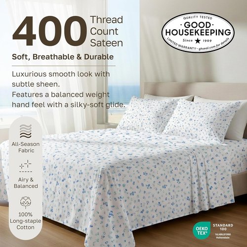 California Design Den Twin Cotton Sheet Set - 100% Soft, 400 Thread Count, Award-Winning Floral White/Blue