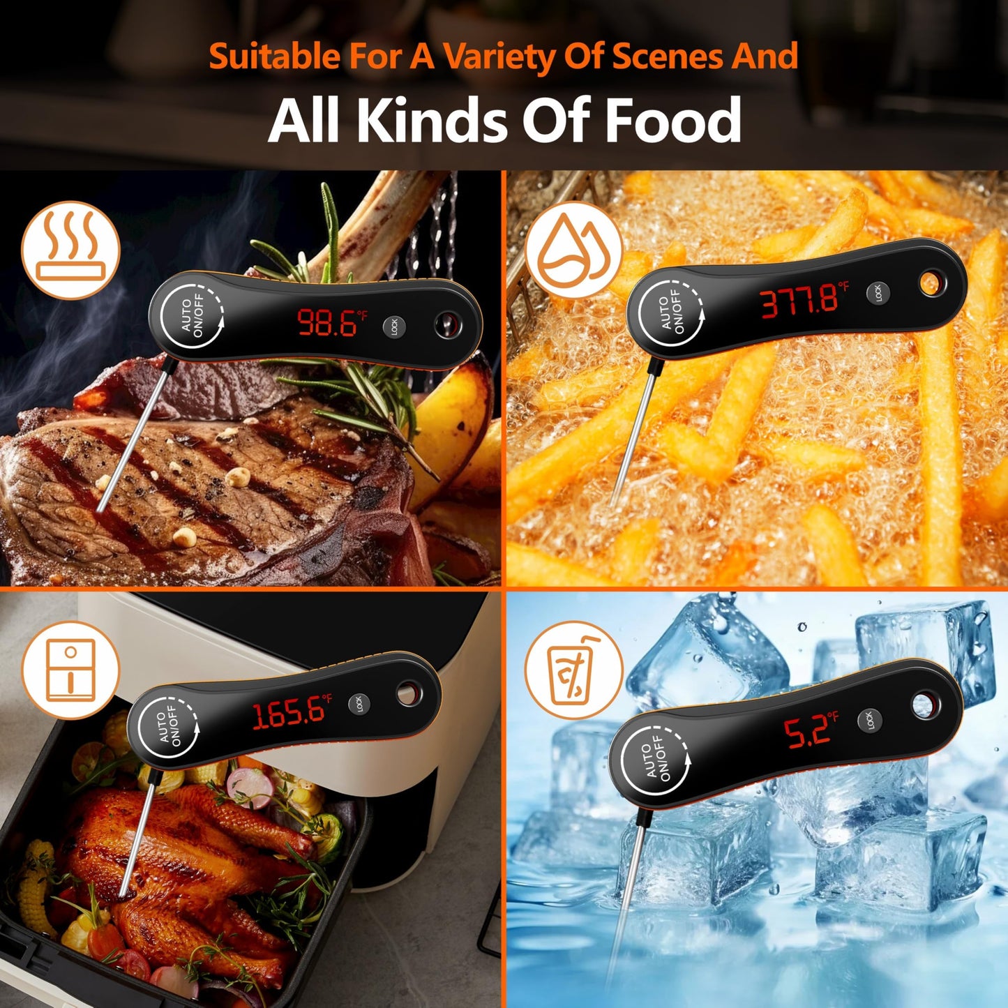 0.5s Instant Read Digital Meat Thermometer, Paysean ±0.5℉ with Auto-Rotating Backlit Display, IP67 Waterproof and Calibration for Cooking, Candy, Grilling, BBQ, Liquid, Smoker, Beef