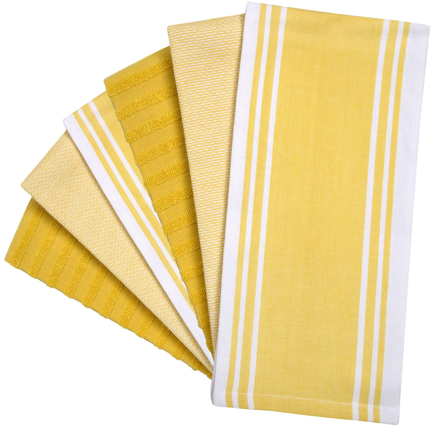 Premium Kitchen Towels (20”x 28”, 6 Pack) | Large Cotton Dish Towels | Flat & Terry Highly Absorbent Kitchen Linen Set with Hanging Loop | Wide Stripe Yellow