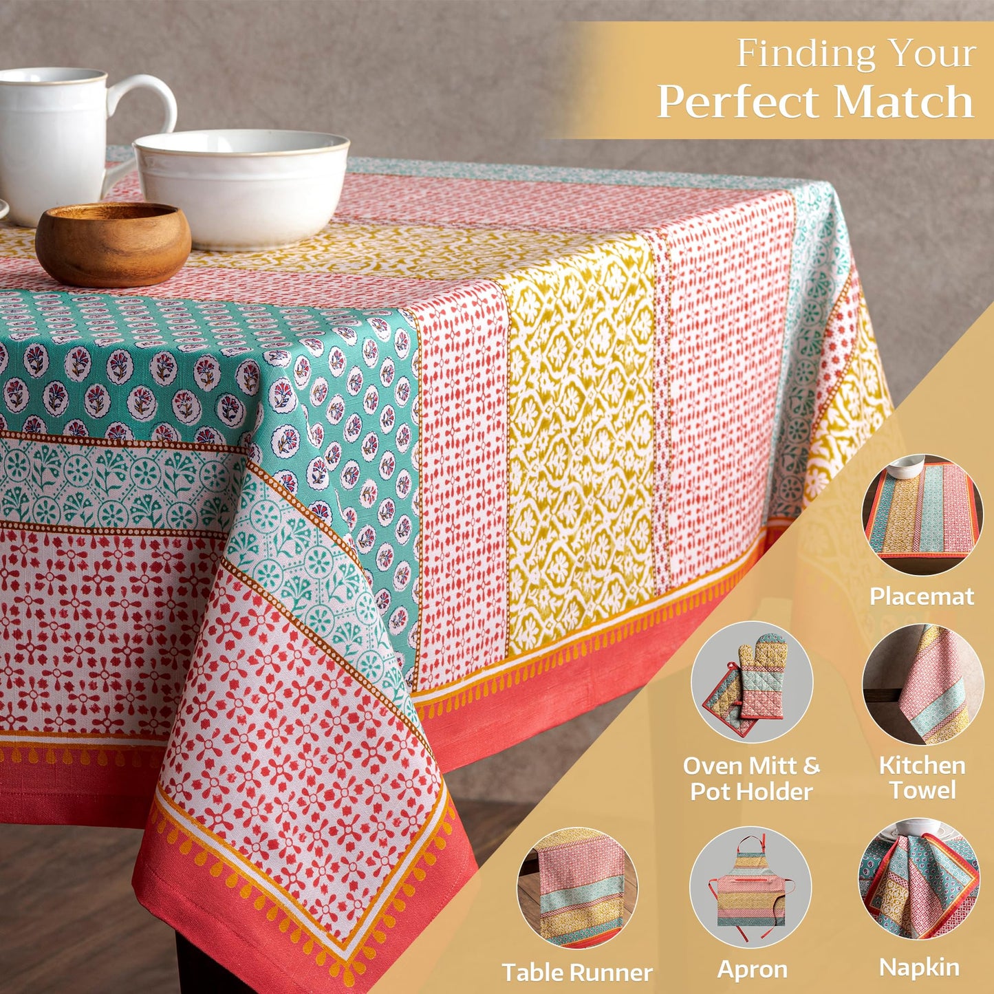 Maison d' Hermine Table Cloth Rectangle Table 100% Cotton 70 x 140 Inches Tablecloth Reusable Decorative for Dining Kitchen Room Farmhouse Home Gifts for Mothers Day Spring Summer - Provence