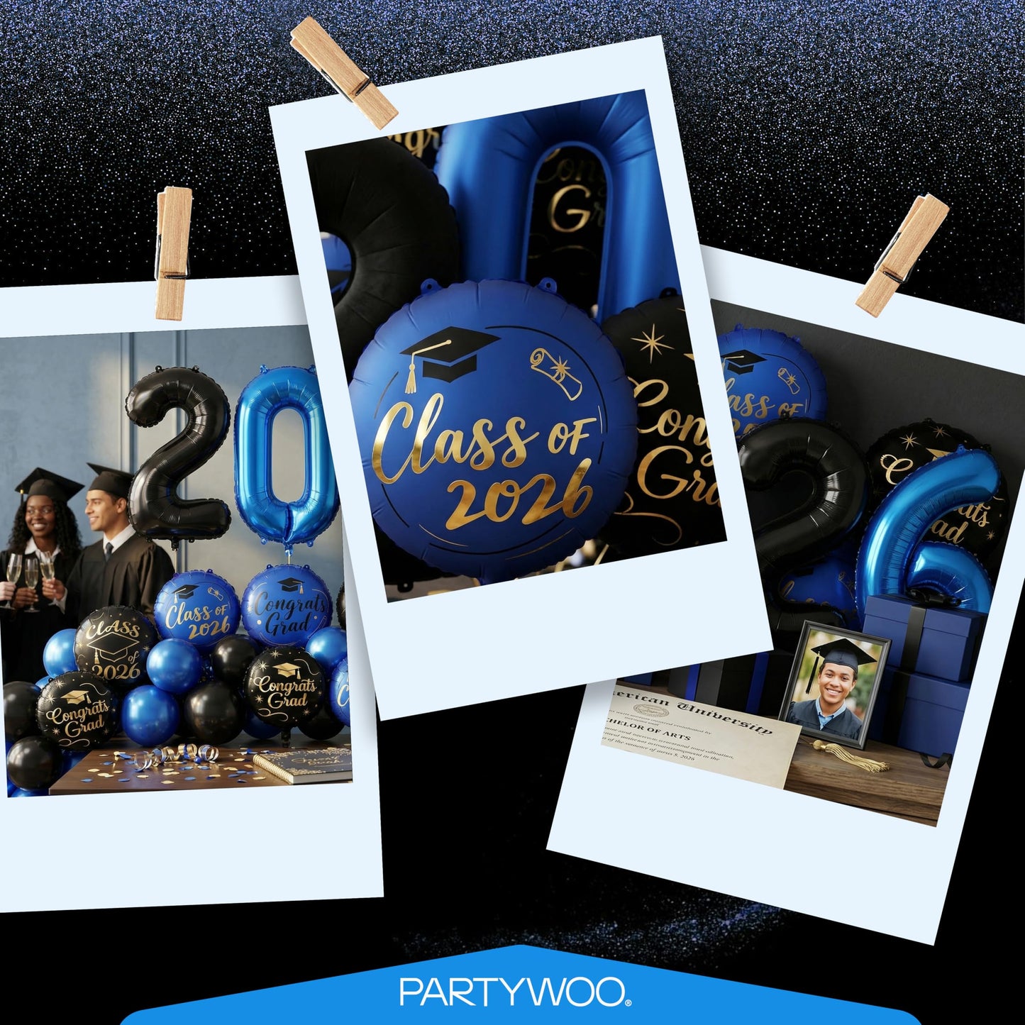 PartyWoo Graduation Balloons Class of 2026 Black Blue Gold 12pcs Balloons 40 Inch 2026 Foil Number Balloons 18 Inch Congrats Grad Mylar Balloons for Black Blue Graduation Decorations Party Supplies
