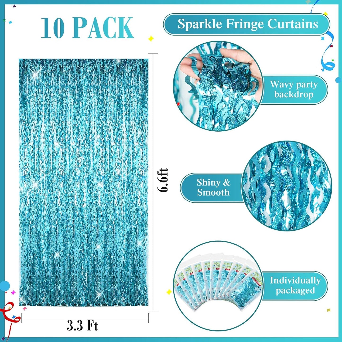 Skiennix Foil Fringe Backdrop - 10 Pieces 3.3 x 6.6 Ft Tinsel Curtain for New Year & Carnival Parties | Blue Green