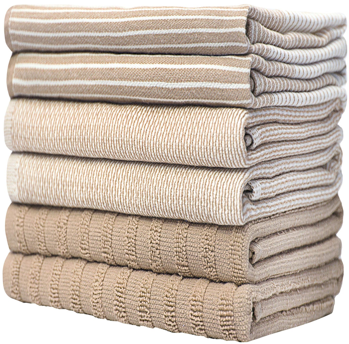 Premium Kitchen Towels (20”x 28”, 6 Pack) | Large Cotton Dish Towels | Flat & Terry Highly Absorbent Kitchen Linen Set with Hanging Loop | Tan