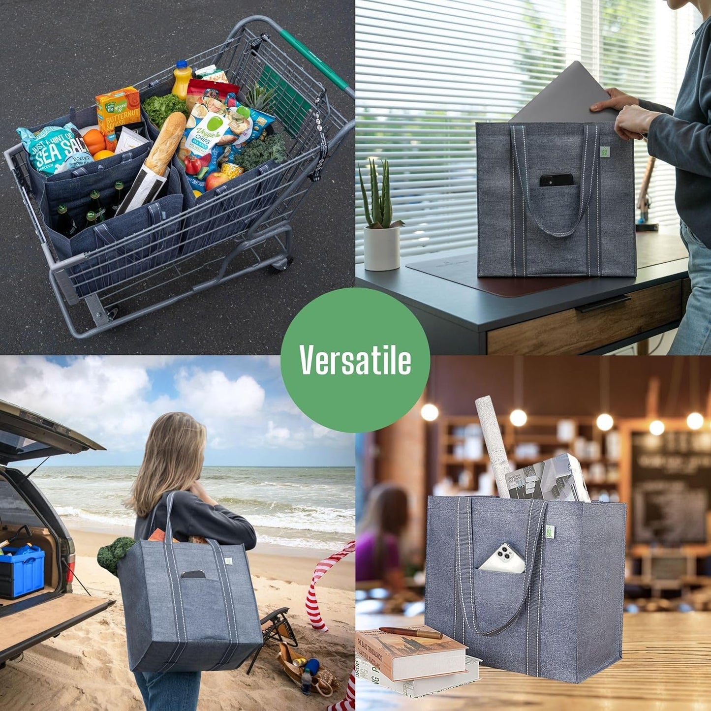 VENO Reusable Grocery Bags - Heavy-Duty Shopping Bags with Handles | Foldable, Hard Bottom, Gray (4 Pack)