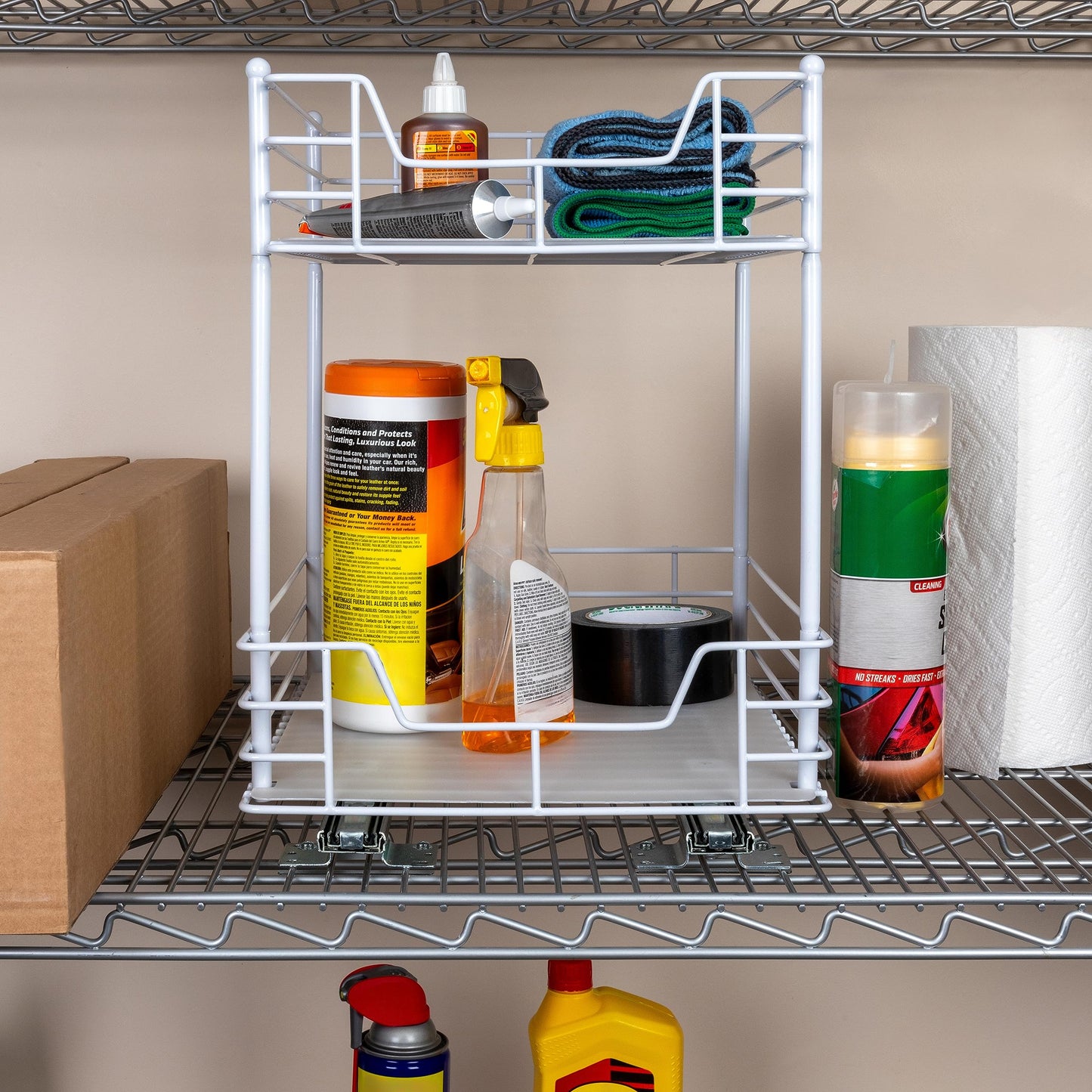 Household Essentials White Steel Two-Tier Pantry Organizer with Plastic Accents
