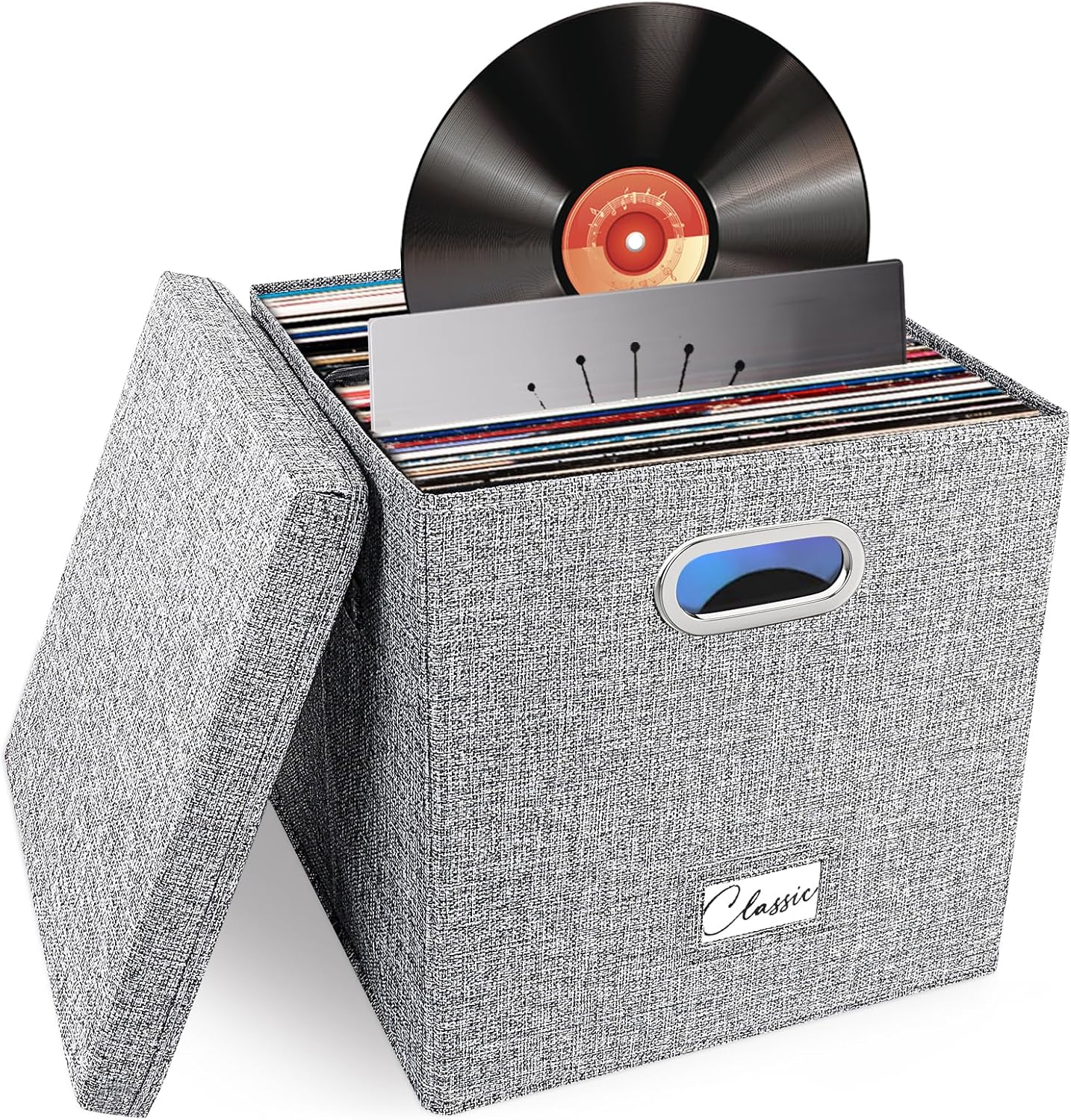 Skiennix Vinyl Record Storage Box - Stackable 12-Inch LP Crate with Lid & Handle for 50+ Albums