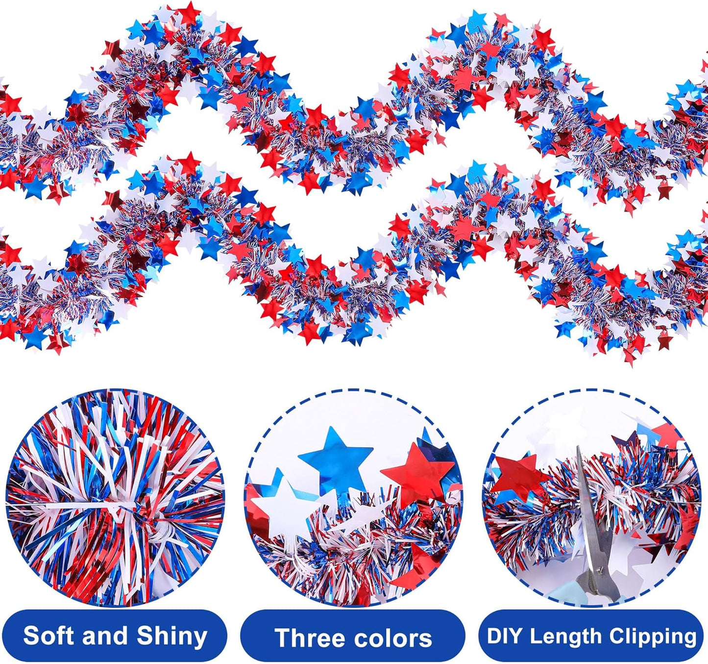 Regine Switzerland Patriotic Glitter Tinsel Garland - 52.5Ft Red, White & Blue Metallic Twist for 4th of July Decor