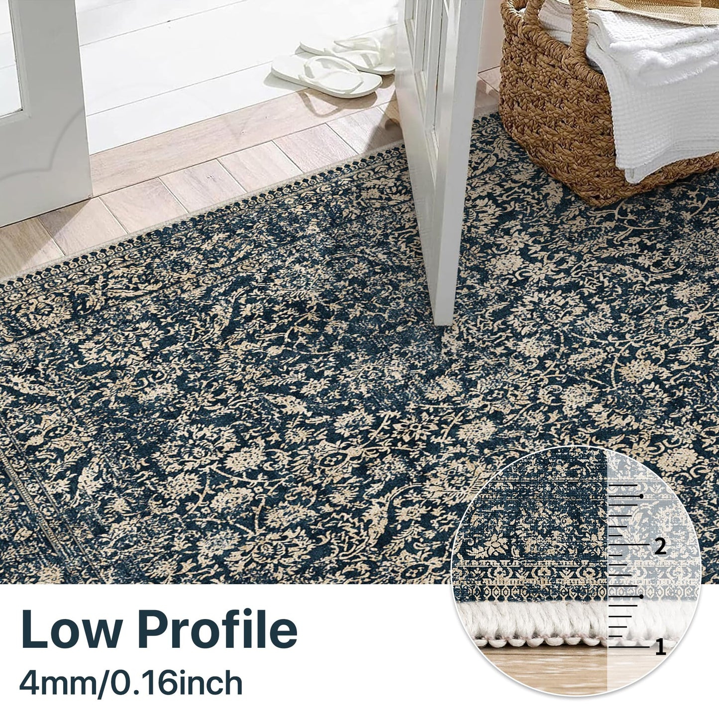 Bavni 8x10 Area Rugs for Living Room, Machine Washable Rug Lightweight Low Pile, Non Slip Boho Rugs with Rubber Backing, Floral Print Carpet for Bedroom Dinning Room, Tulip Blue