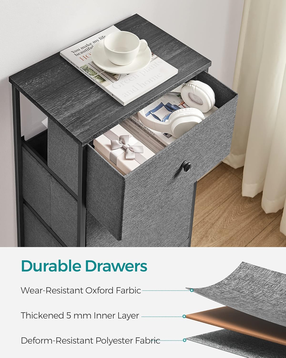 SONGMICS Fabric Dresser - 4 Drawer Chest with Metal Frame | Stylish Gray & Black Design for Bedroom