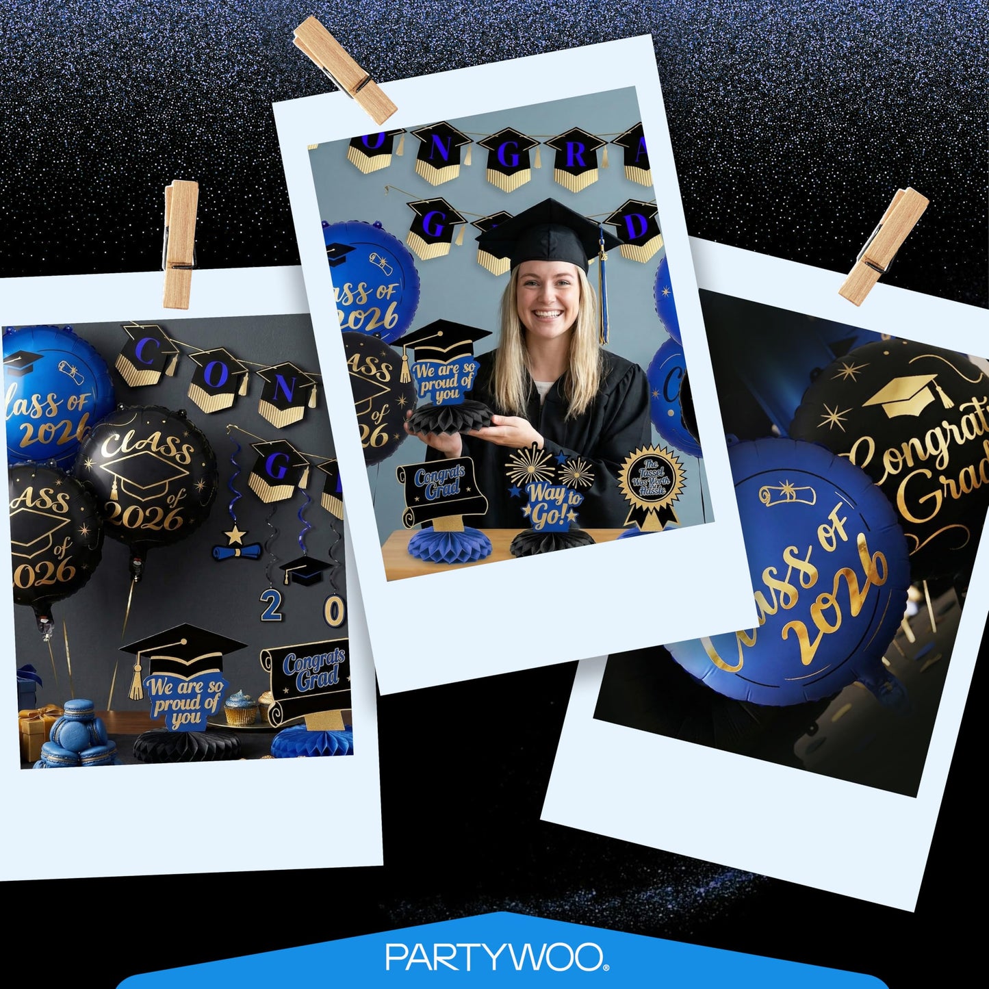 PartyWoo Graduation Decorations Class of 2026 Black Gold Blue 19pcs Grad Party Supplies with Congrats 2026 Grad Banner Hanging Swirls Foil Balloons Graduation Cap Centerpieces Party Decorations
