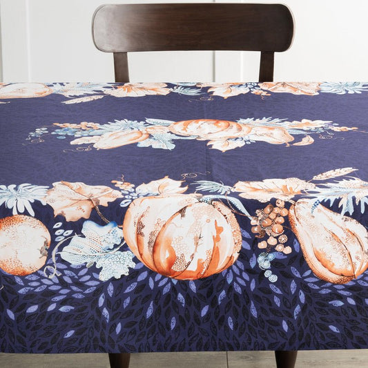 Maison d' Hermine Table Cloth Rectangle Table 100% Cotton 70 x 120 Inches Fall Tablecloth Reusable Everyday Use for Thanksgiving Christmas Decorations Dining Farmhouse Party (Pumpkin Blues)
