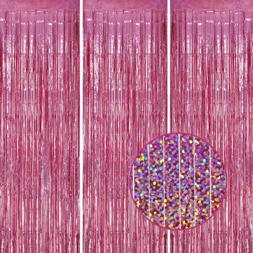 DECOCKRAT 3 Pack Foil Fringe Backdrop - Laser Pink Shiny Tinsel Curtains for Party Decoration/Photo Booth Props - 3.3x8.2 FT Metallic Foil Backdrop for Birthday, Wedding, Graduation, Christmas.