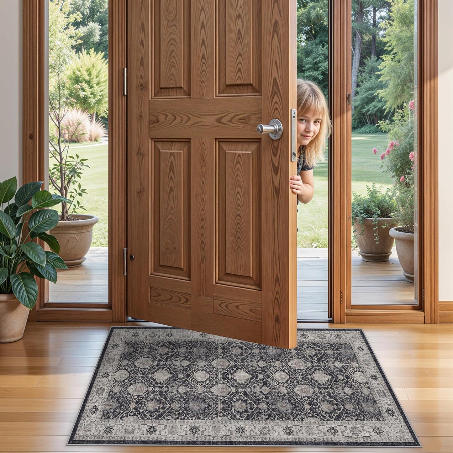 Skiennix Washable Area Rug - Stain Resistant Kitchen Runner | Ultra Soft Non-Slip Indoor Carpet (2x4, Black)