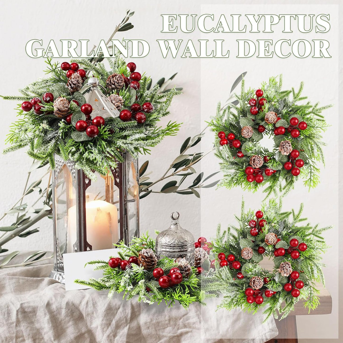 Lyrow Christmas Candle Rings - 4 Pcs Mini Wreaths with Artificial Berries & Snowy Pine | Holiday Table Decor