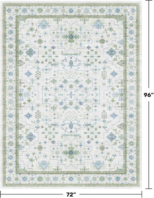 Hazo Haus Cream Oushak 6x8 Bedroom Rug - Boho Floral Design in Cool Blue & Green | Washable Non-Slip Area Rug
