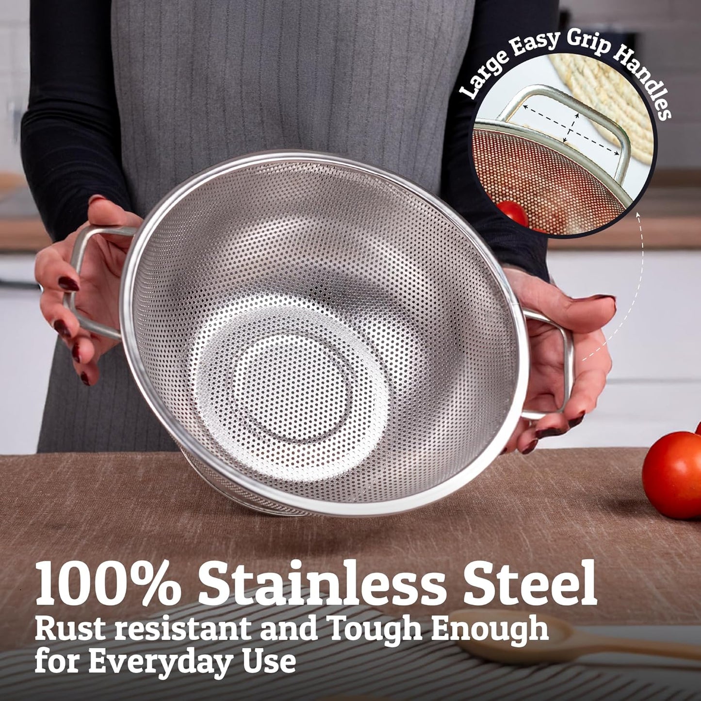 PriorityChef Premium 5-Quart Stainless Steel Colander - Durable Rice & Pasta Strainer with Handle, Rust-Resistant & Dishwasher Safe