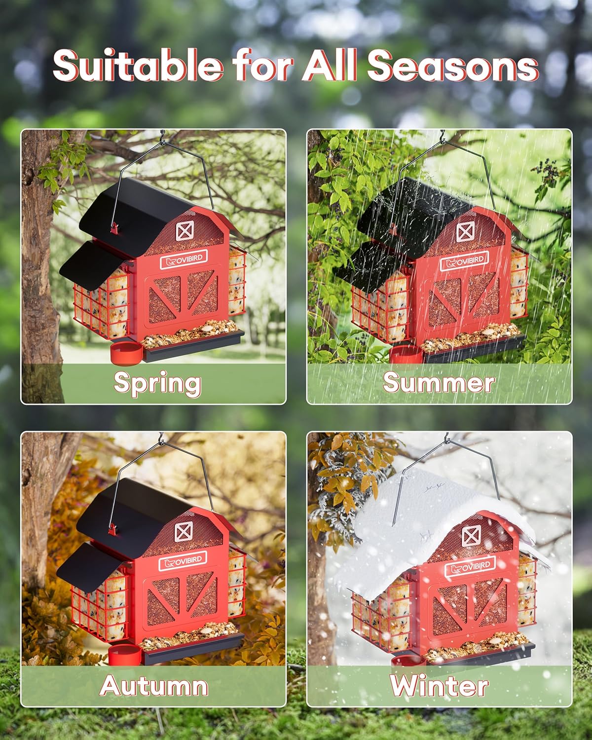 Red Barn Metal Bird Feeder - Large 5LBS Outdoor Hanging Feeder with 2 Suet Cages | Weather Resistant for Bird Watching