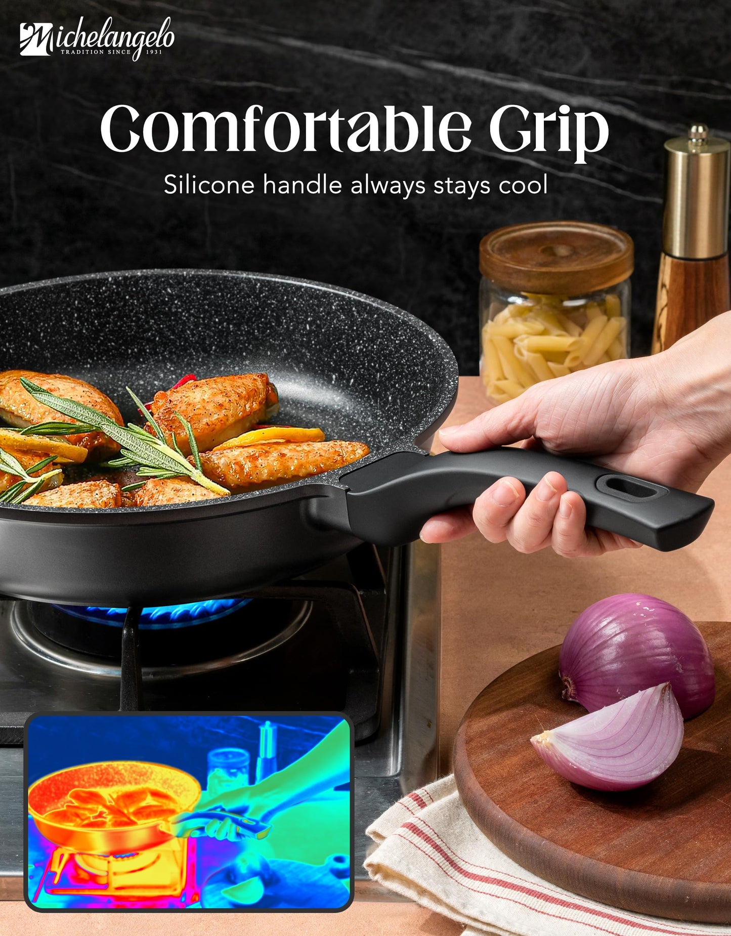 MICHELANGELO Nonstick Frying Pan - 8-Inch Non Stick Small Frying Pan with Silicone Handle | Easy to Clean, All Stovetops Compatible, Durable for Use