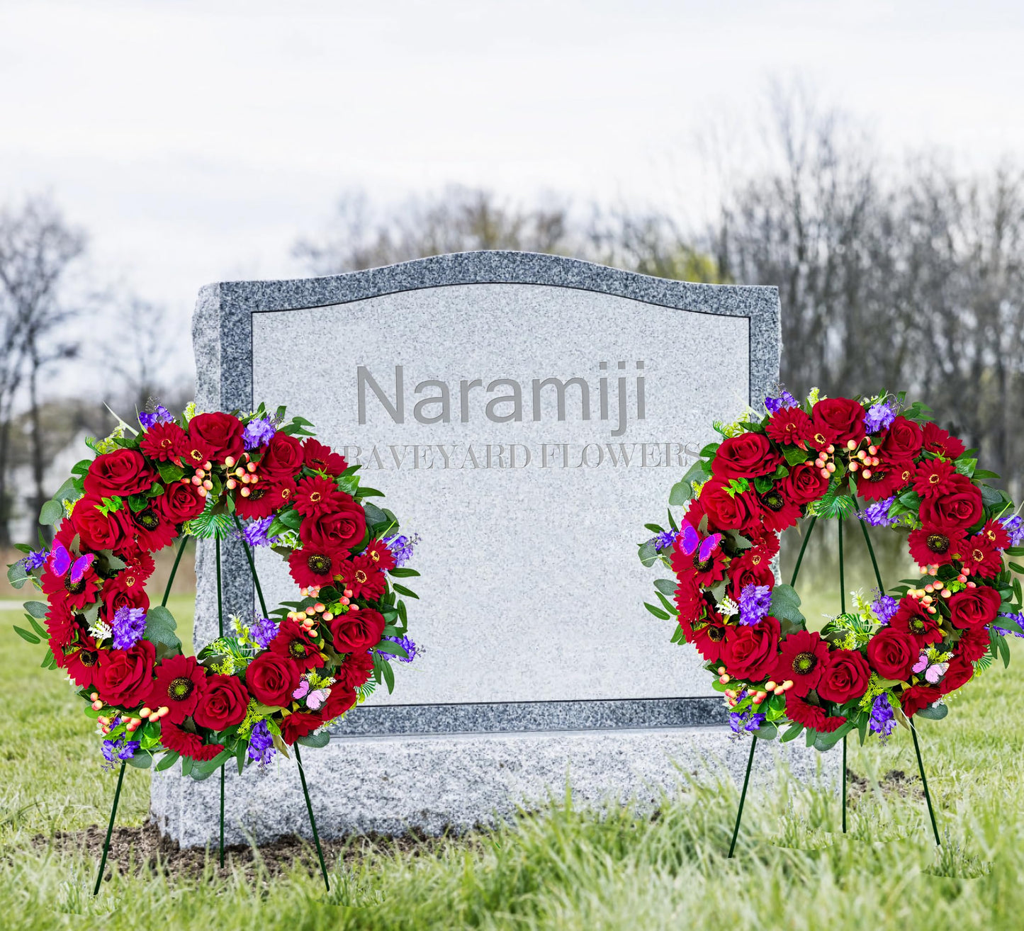 Naramiji Cemetery Wreath for Grave, Red Roses Memorial Wreath with 30 Inch Easeal Stand, Fade-Resistant