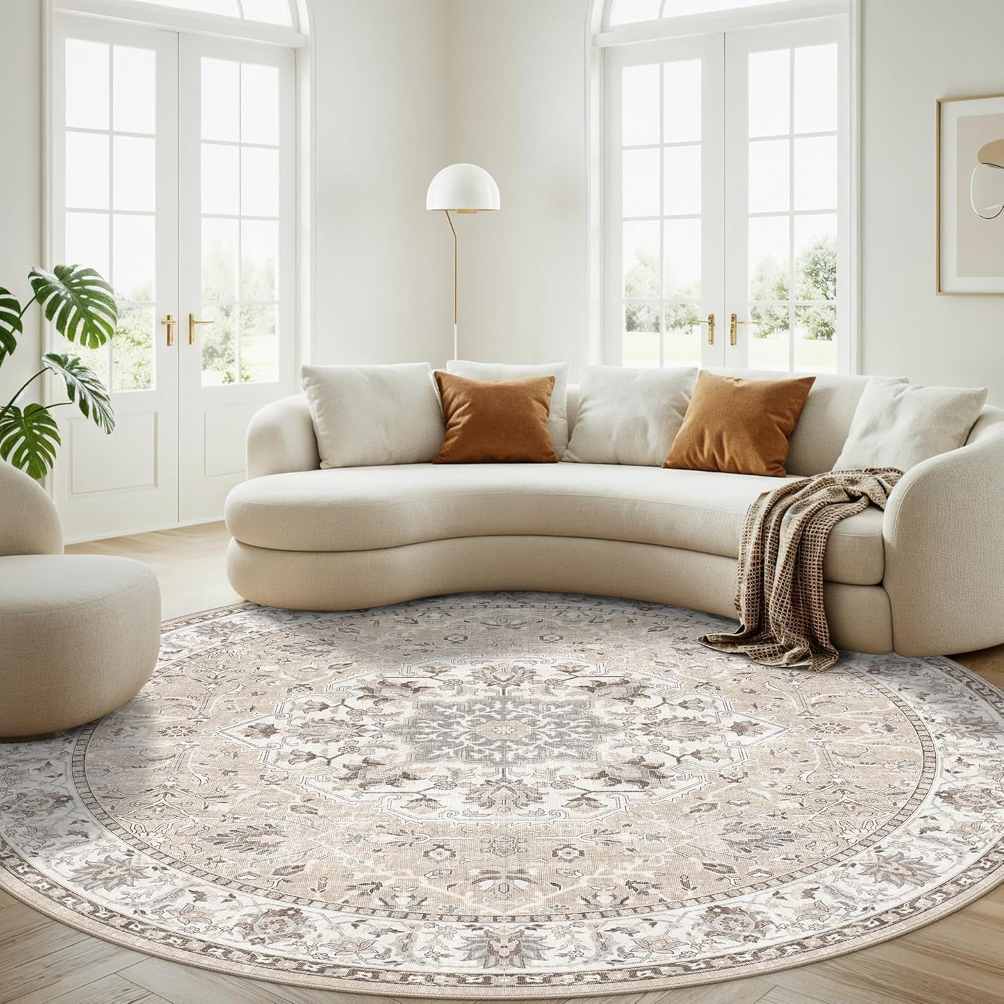 Skiennix Washable 8ft Round Area Rug - Soft, Non-Slip, Stain-Resistant Carpet for Living Room | Beige
