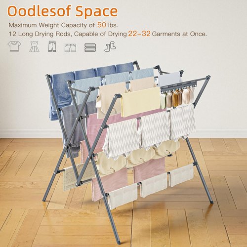 HOMIDEC Drying Rack - Large 12-Pole Foldable Laundry Rack with Sock Clips | Portable Indoor/Outdoor Use, Silver